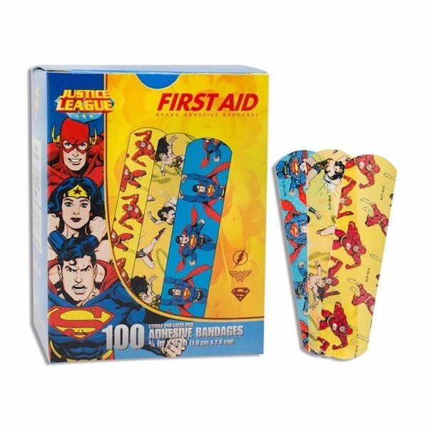 American White Cross Stat Strip Adhesive Strip 3/4 X 3 In. PlasticKid Design Superman, Wonder Woman, Flash Sterile, 100PK 10790 - main